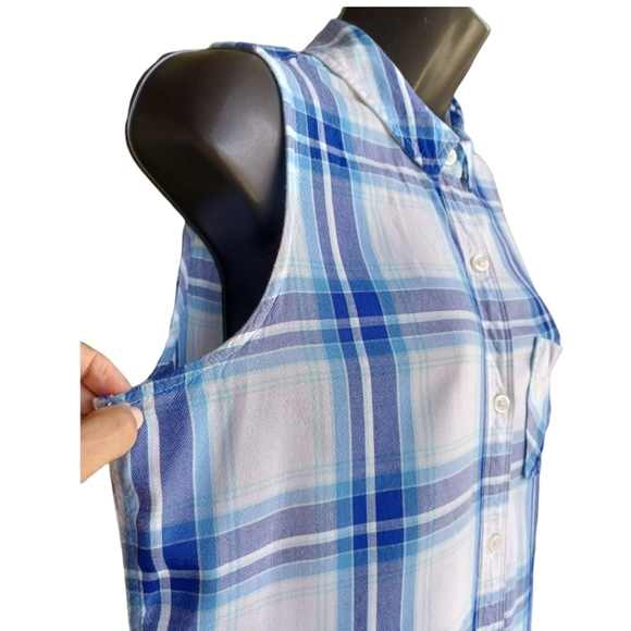 Sleeveless Blue Plaid Button Down Shirt by SO size Medium - Picture 2 of 4